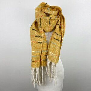 Cozy Super Soft Mustard Yellow Scarf. Fuzzy striped design, fringe detail